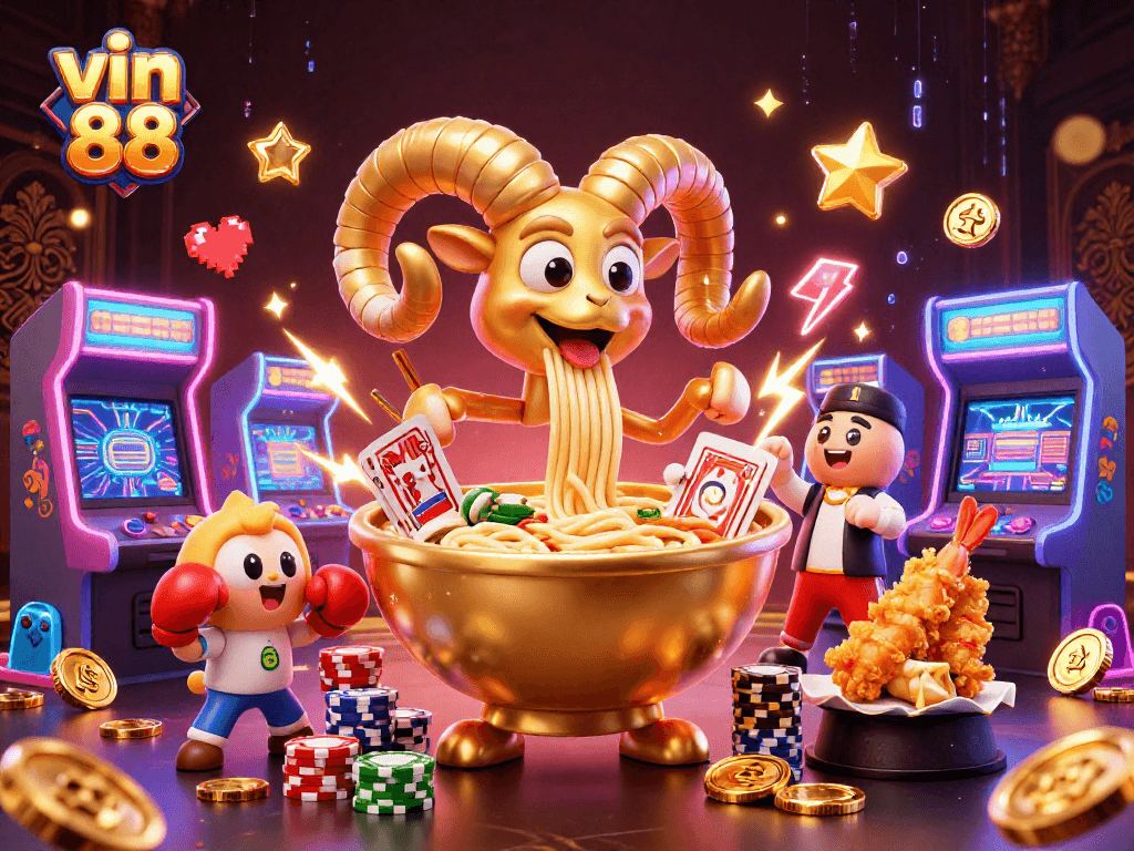 Experience the thrill of vin 88 with a vibrant casino scene featuring a golden ramen bowl dealing cards.