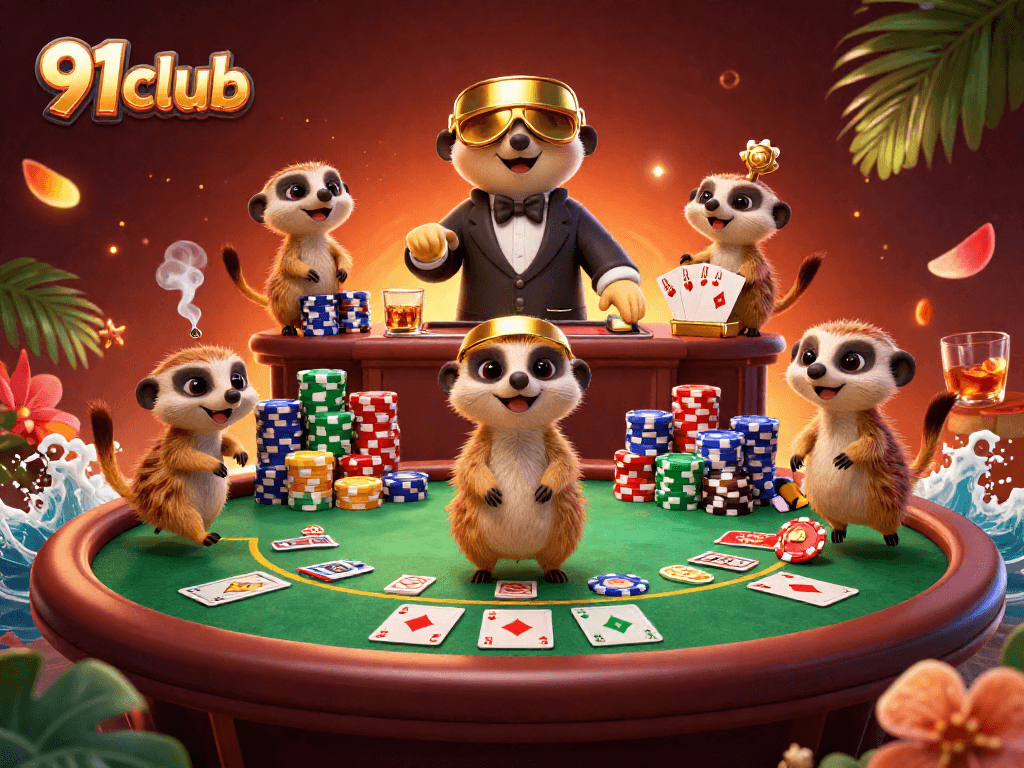 Experience the thrill of the 91club casino with lively meerkats engaging in poker.