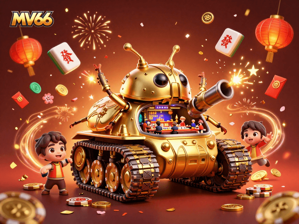Experience the thrill of MV66 with a vibrant 3D casino scene featuring a golden beetle tank