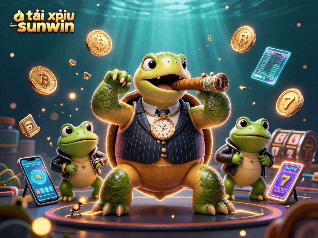 Tài xỉu sunwin drawing winnings with a snapping turtle and frog enforcers among the casino chaos.