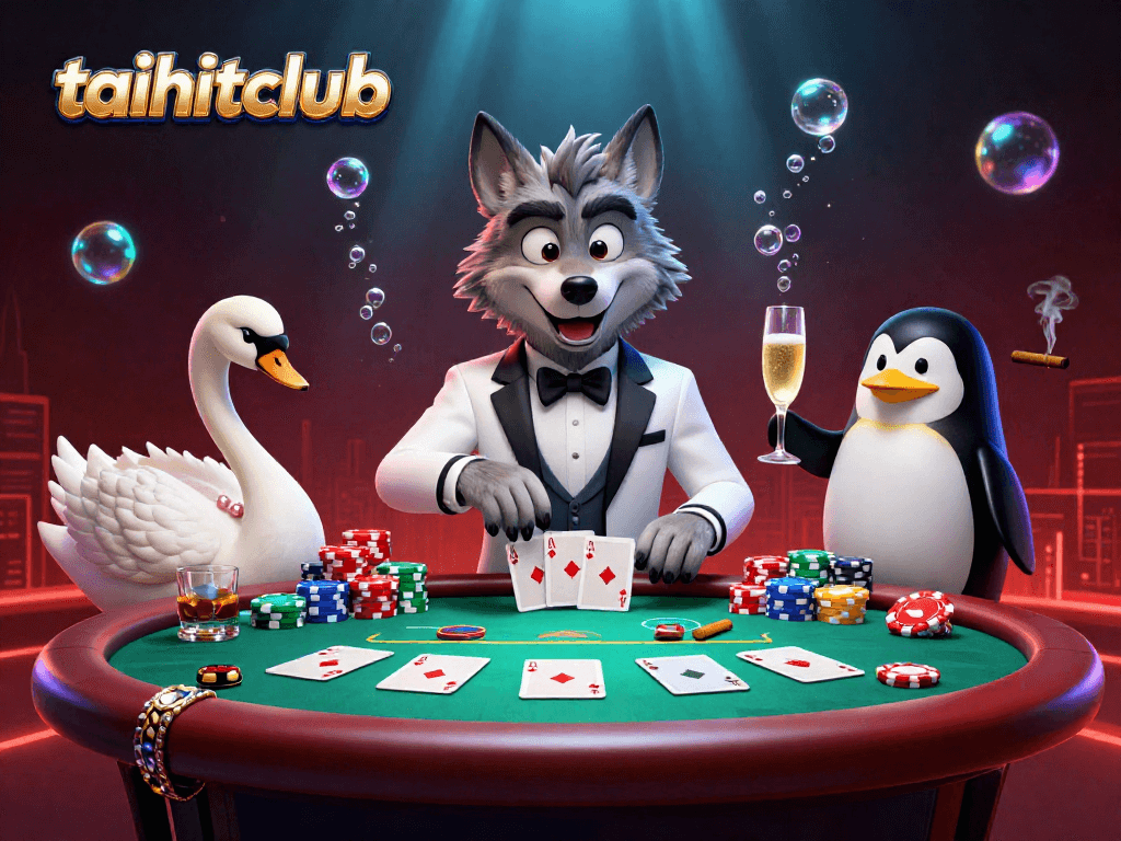 The taihitclub game night scene showcases a debonair wolf, elegant swan, and sophisticated penguin amidst vibrant gambling elements.