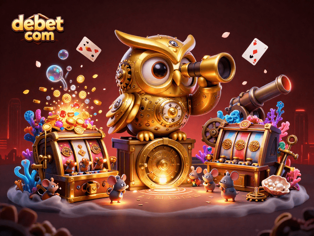 Engage with debet com in this lively scene featuring a golden owl surveying a vibrant casino floor.
