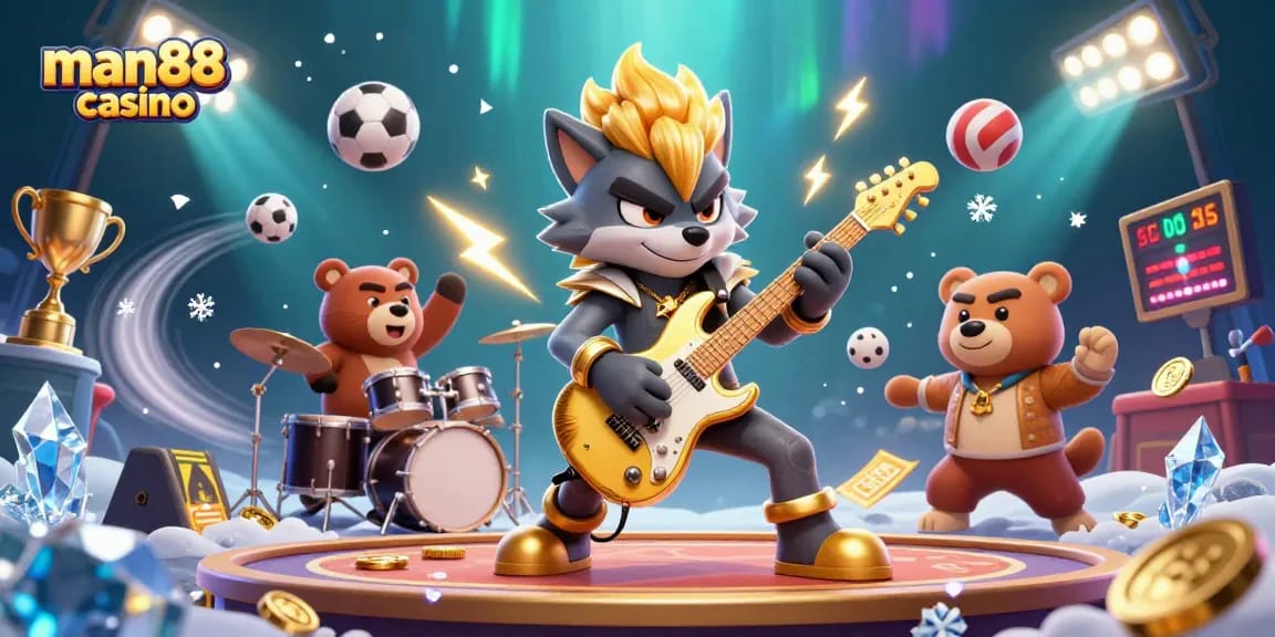 Experience the excitement of man88 casino with a dynamic 3D scene featuring rock star characters and vibrant gaming elements.