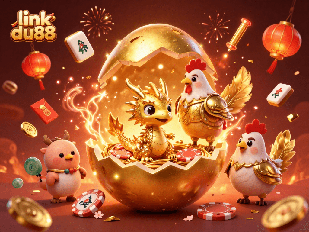 Experience the thrill with link du88 as a golden baby dragon emerges from a golden egg amidst vibrant casino elements.