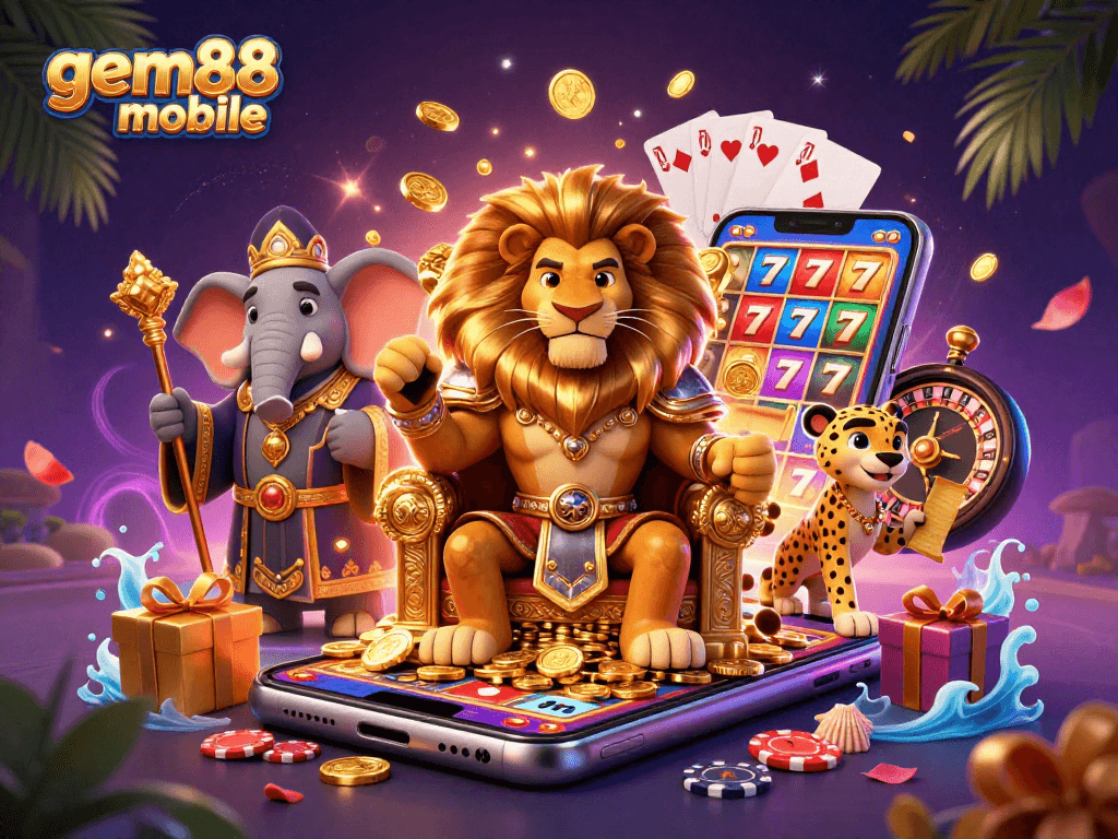 Engage with gem88 mobile as the lion king presides over a vibrant casino scene.