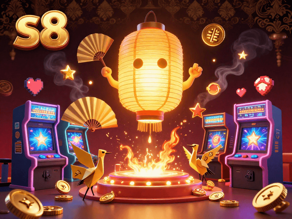 Engage with s8's exciting casino world, featuring vibrant game elements and dynamic characters.