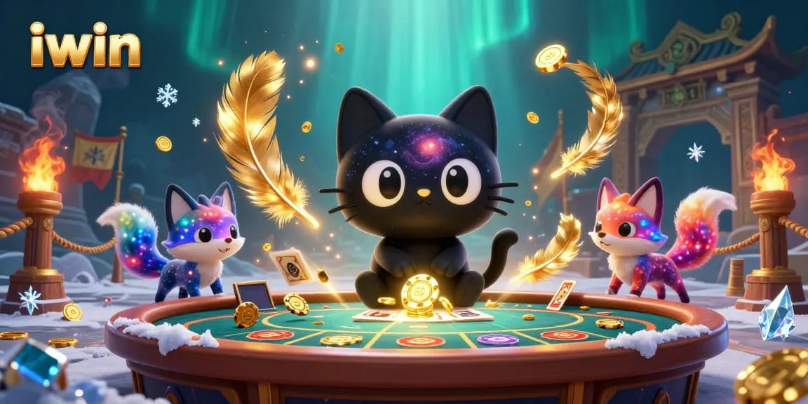iwin's cosmic casino scene with a black hole cat and nebula fox, pulling in chips