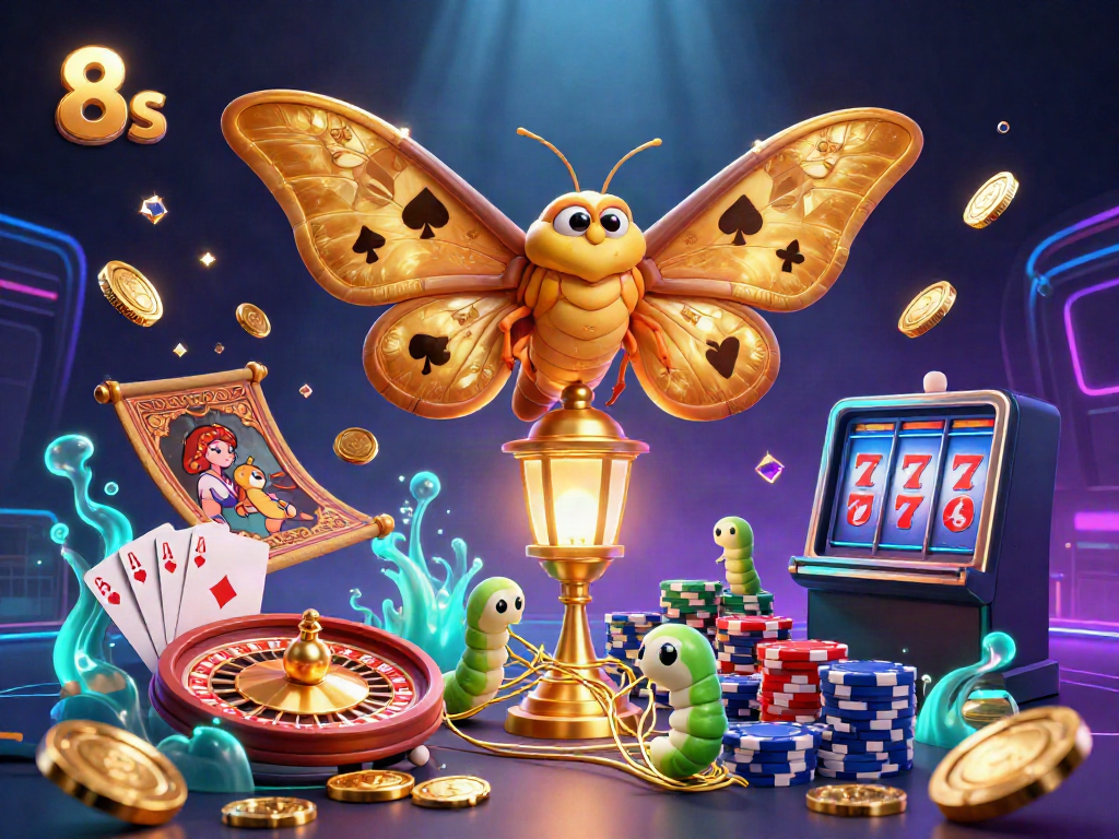 Immerse in the vibrant casino world of 8s where golden coins and gems cascade around 3D characters and gaming elements.