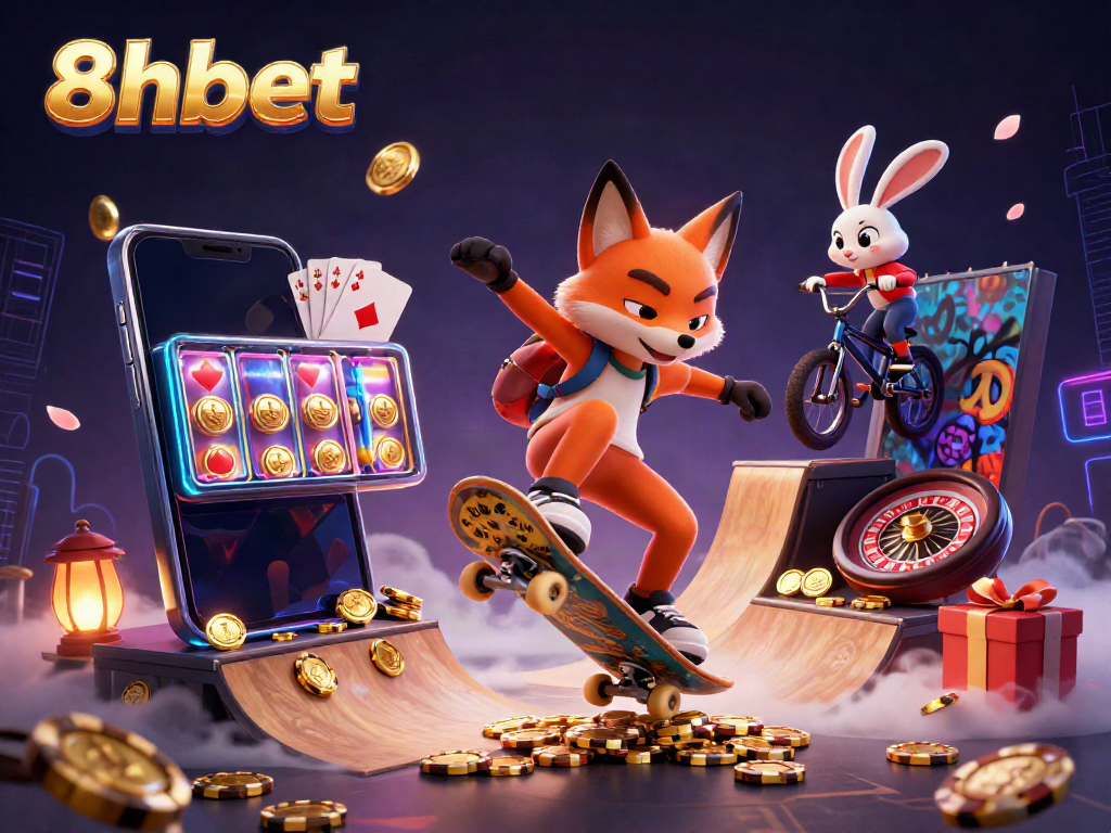 Engage with 8xbet's vibrant casino world through a dynamic 3D illustration featuring playful characters and gaming elements.