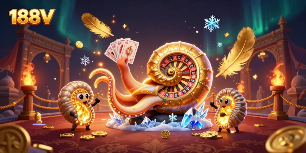 Engage in thrilling gameplay at 188V with a vibrant casino scene featuring a dynamic nautilus roulette wheel.