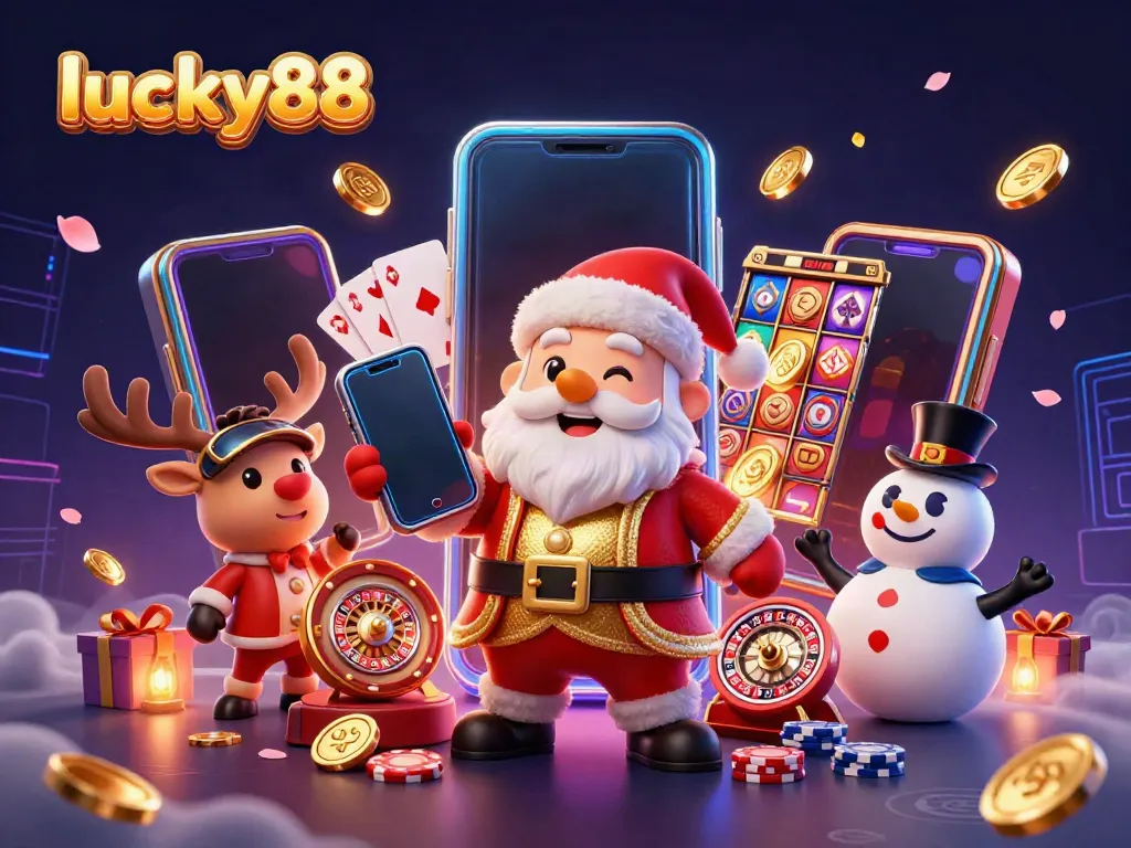 Experience lucky88 jackpot thrills with a 3D casino scene featuring festive characters.