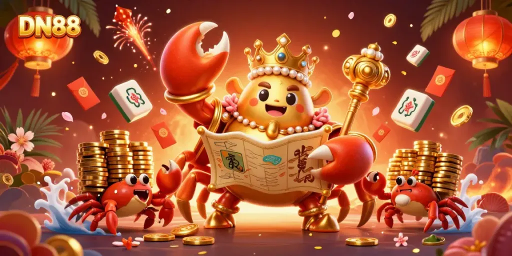 Engage in thrilling gaming with DN88 featuring a golden crab emperor and rich casino elements.