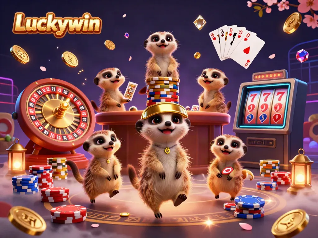 Experience Luckywin's lively casino scene with meerkats enjoying games and winning coins.