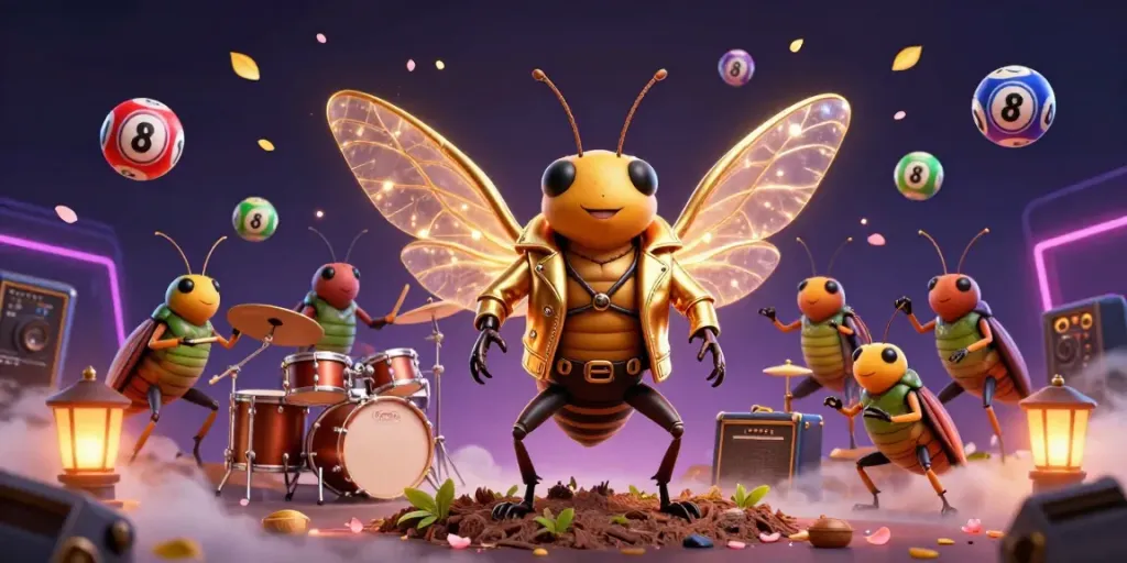 Xoilactv features a vibrant rock star cicada with a golden leather jacket surrounded by colorful lottery elements.