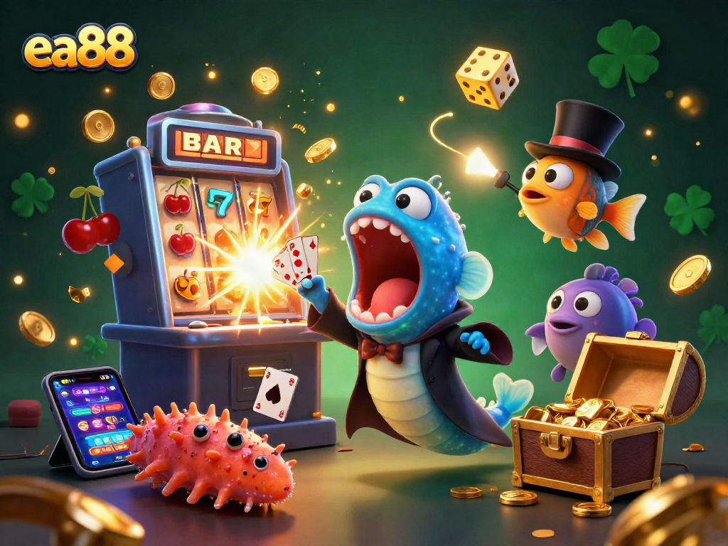 ea88 showcases a vibrant 3D casino scene with magical sea creatures and a jackpot explosion.