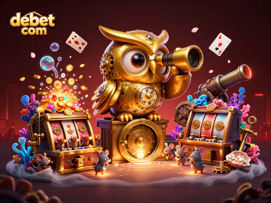 Engage with debet com in this lively scene featuring a golden owl surveying a vibrant casino floor.