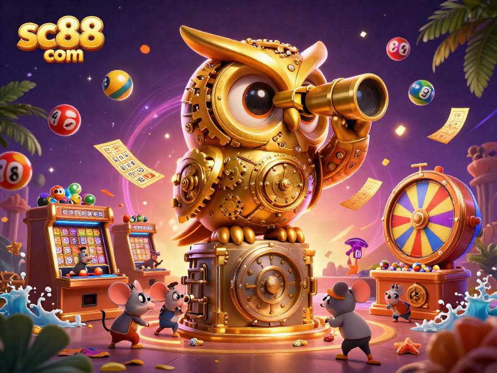 Engage with sc88 com's vibrant casino experience featuring an owl and lively slot machines.