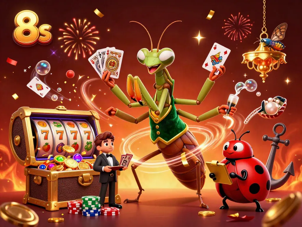 Experience the thrill of 8s casino action with a vibrant illustration of characters and dynamic game elements.