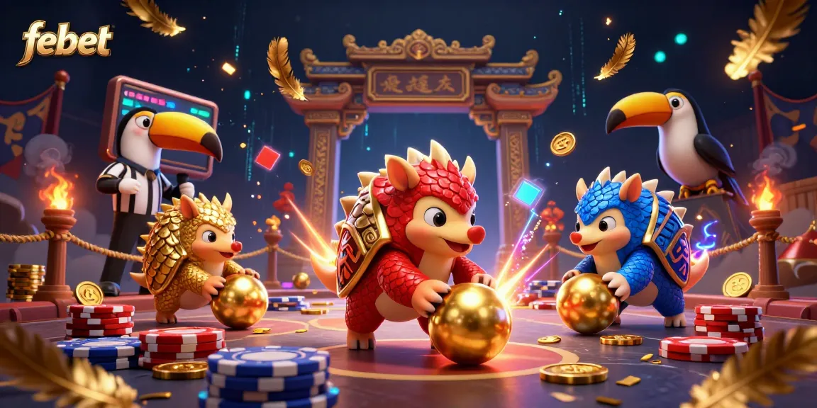 Experience thrilling gameplay as febet pangolins roll through casino chips in this vibrant 3D scene.