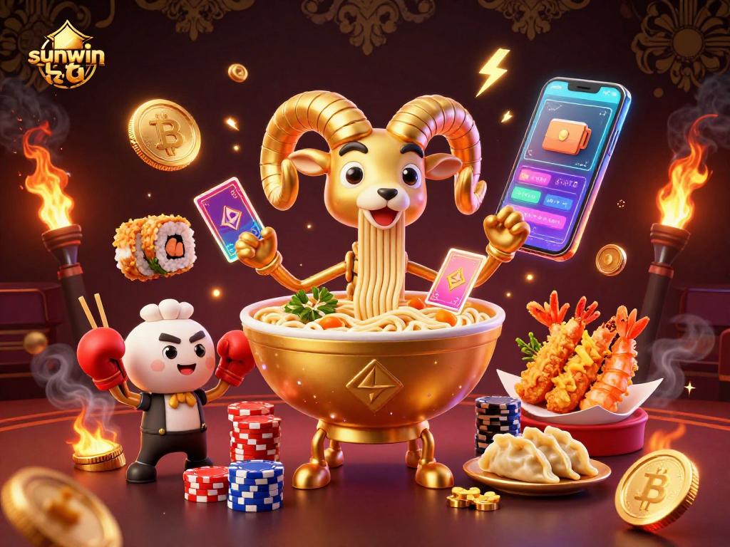 Engage with sunwin ta's vibrant casino world where giant ramen bowls deal cards alongside crypto currencies.