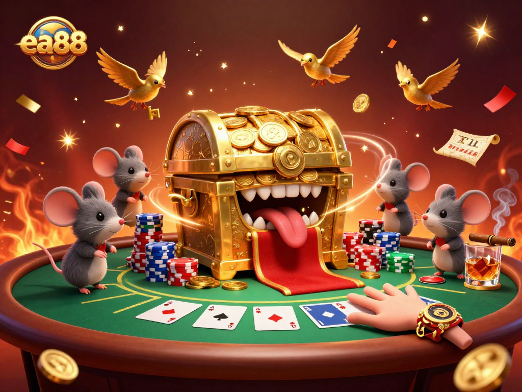 Experience exciting gaming moments at ea88 with this vibrant 3D illustration showcasing poker elements and treasure chests.