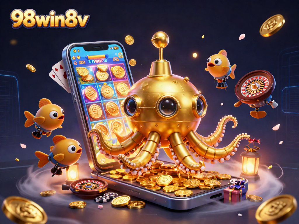 Engage with exciting 98win8v casino action featuring a golden kraken and vibrant gaming elements.