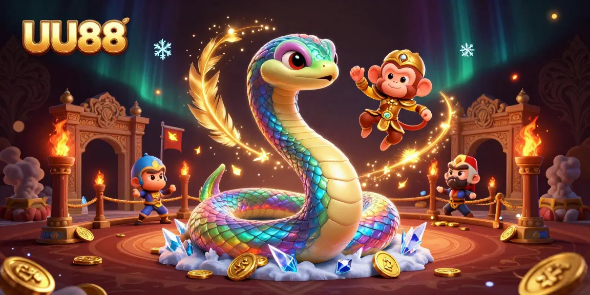 Engage in thrilling gameplay at UU88 with the colorful serpent and monkey king in an enchanting casino illustration.