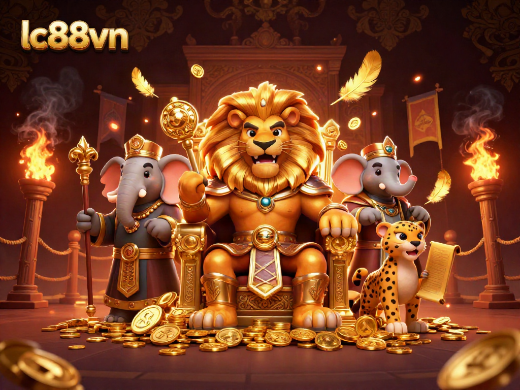 Engage with lc88vn featuring a regal lion king amidst golden coins and dynamic casino scenes.