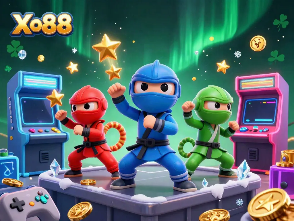 Xo88 showcases thrilling ninja chameleons in vibrant poses with game elements in a dynamic casino-themed scene.