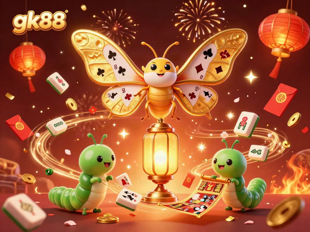Experience winning thrill with gk88 as a golden moth and vibrant casino elements decorate this captivating illustration.