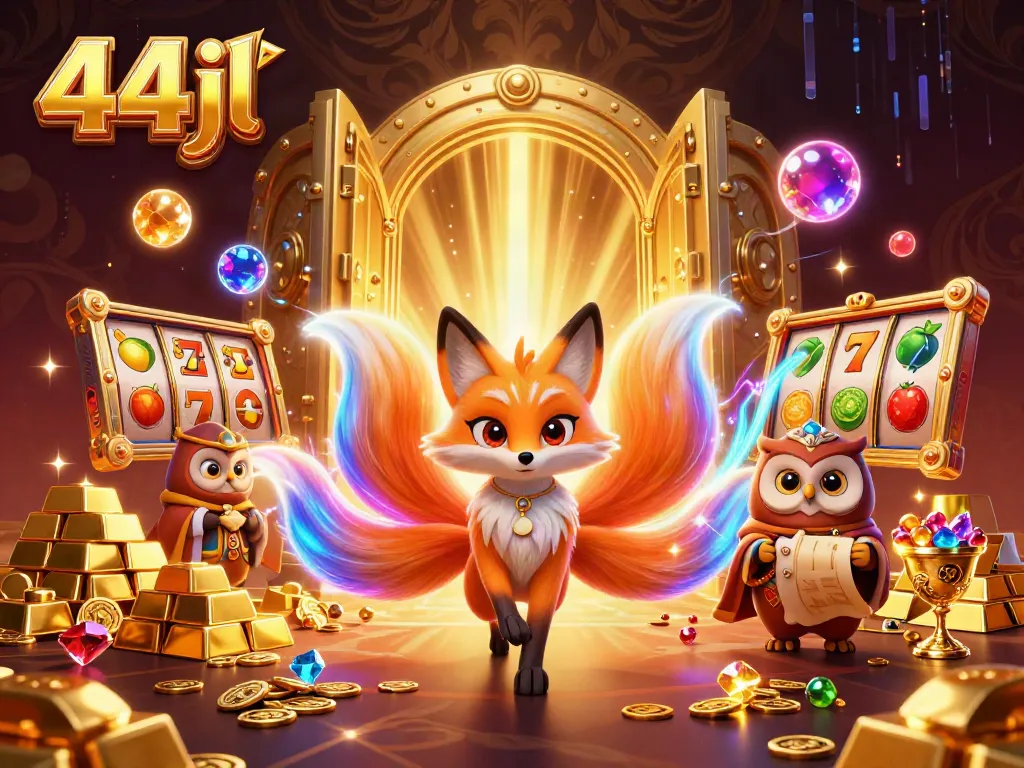 Experience thrilling slots action with 44jl's magical fox and wise owl in a vibrant casino scene.