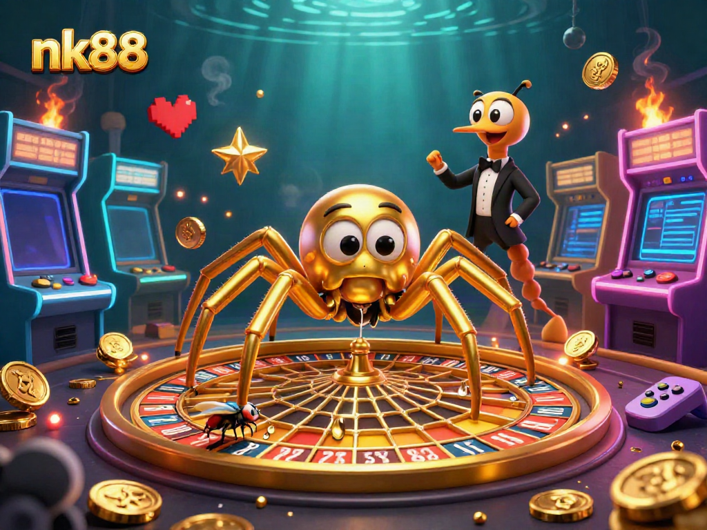 Experience thrilling bets at nk88 with a golden spider and a centipede croupier in a vibrant casino setting.
