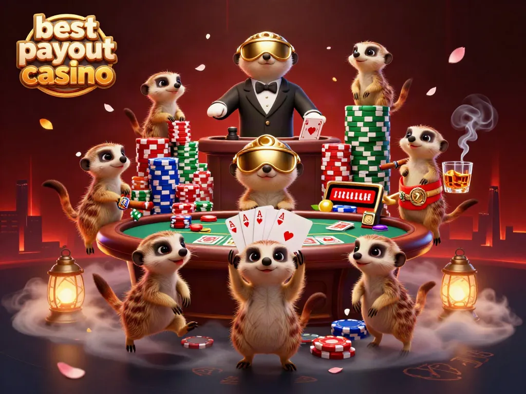 Meerkats managing a vibrant casino scene, highlighting the best payout casino atmosphere.