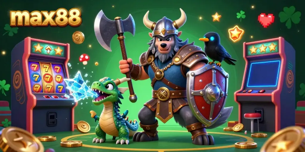 Experience the excitement of max88 with a vibrant 3D casino scene featuring a Viking warrior, dragon, and gaming machines.