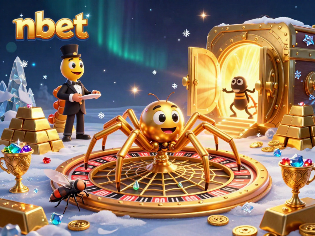 Engage in nbet's thrilling casino tactics with a golden spider at a roulette wheel.