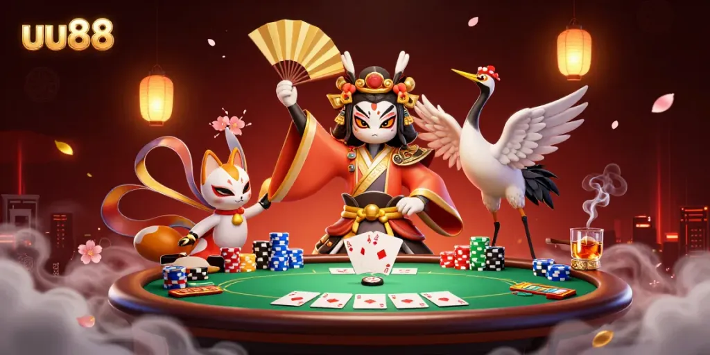 Experience the excitement of uu88 with a vibrant illustration of kabuki warriors and a poker scene.