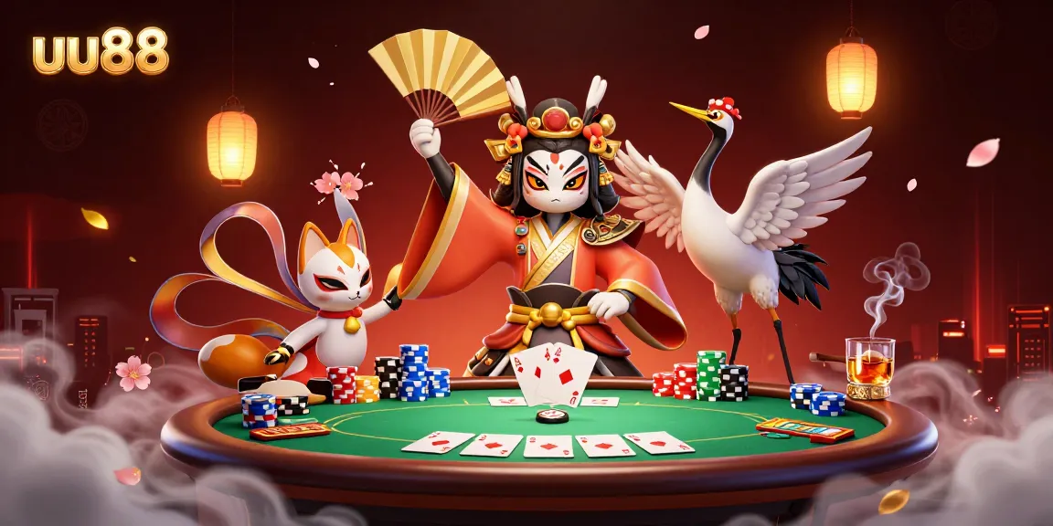 Experience the excitement of uu88 with a vibrant illustration of kabuki warriors and a poker scene.