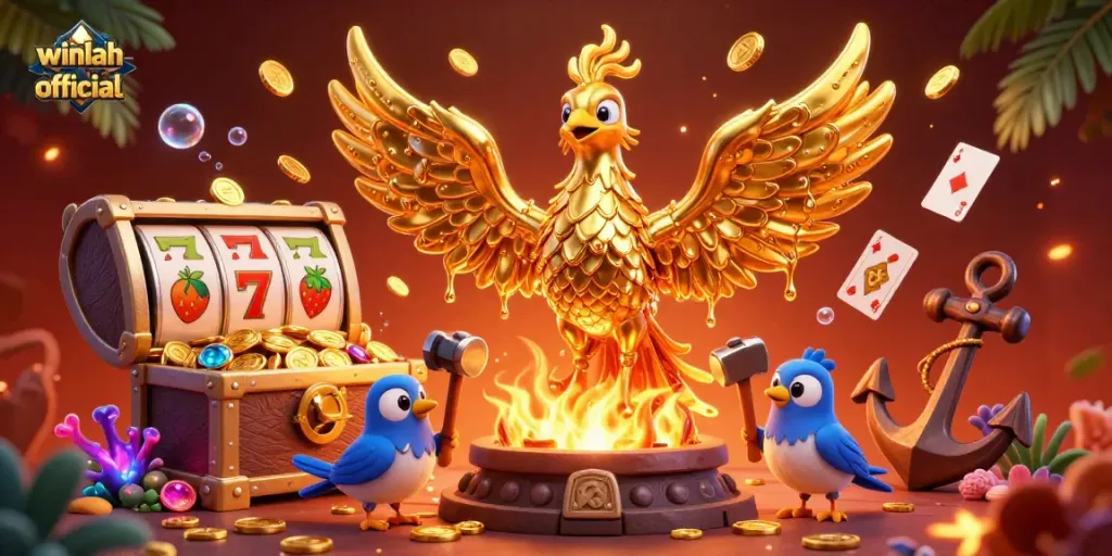 Winlah-official showcases a captivating golden phoenix in a vibrant casino scene with rich gaming elements.