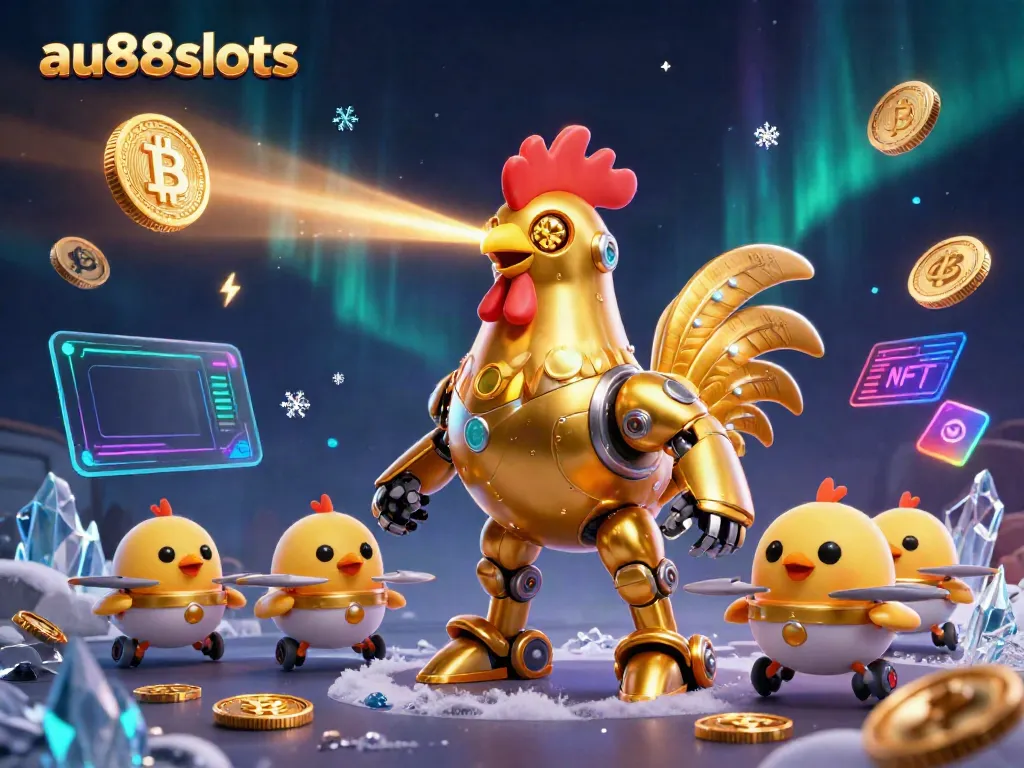 Join the thrilling action at au88slots with a futuristic golden rooster robot and dynamic crypto elements.