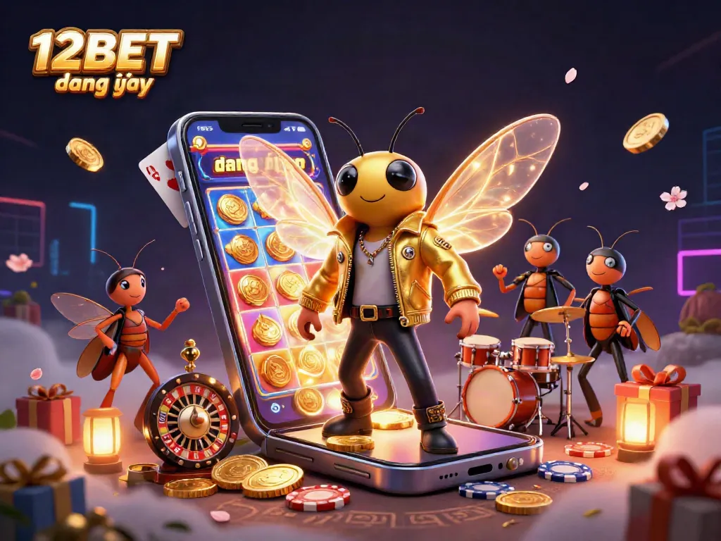 Experience the excitement of 12BET đăng nhập with a lively 3D illustration featuring a cartoon cicada rock star and dynamic casino elements.