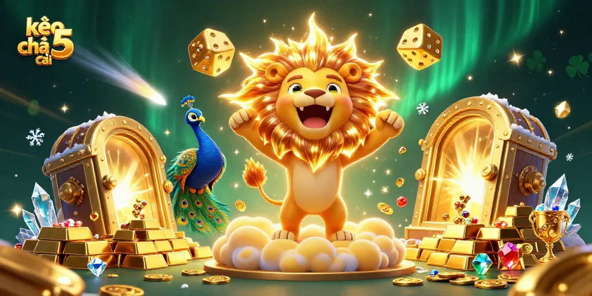 Engage with the excitement of kèo nhà cái 5, featuring a radiant sun lion amidst golden treasures and cosmic dice.