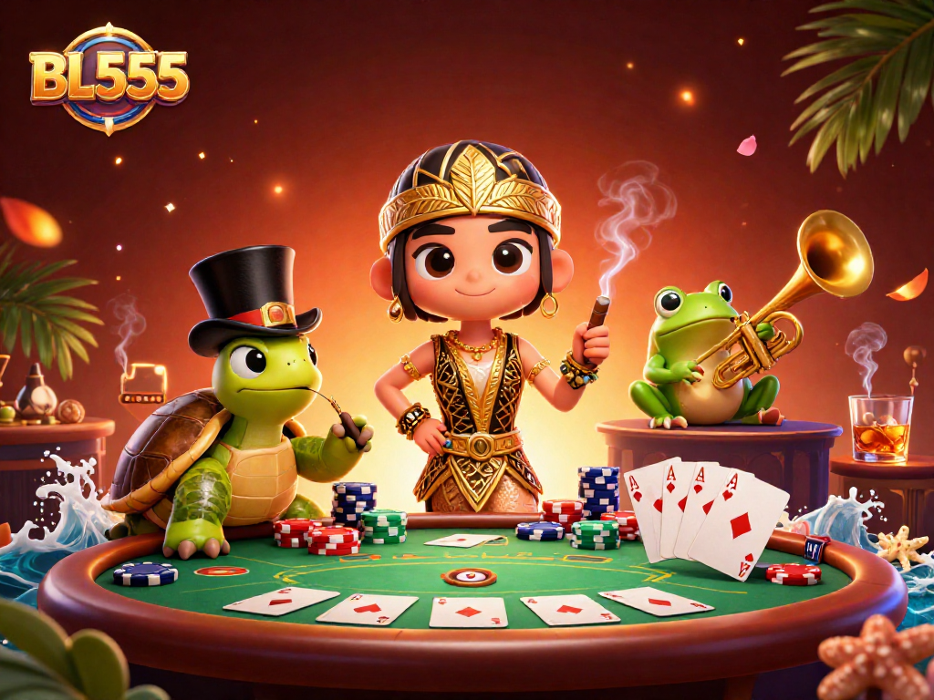 Experience the excitement of BL555 as lively characters engage in dynamic gambling action at a vibrant casino scene.