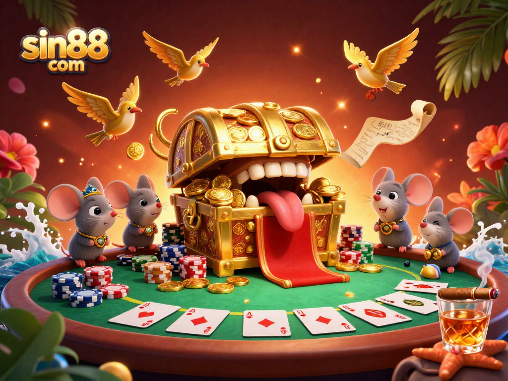 Engage with sin88 com in a vibrant poker scene featuring dynamic golden characters and rich casino elements.