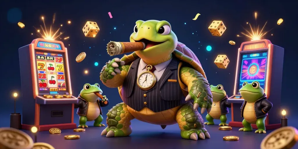 Experience the thrilling excitement of LU88 with a cartoon turtle mobster and jackpots erupting in vibrant detail.