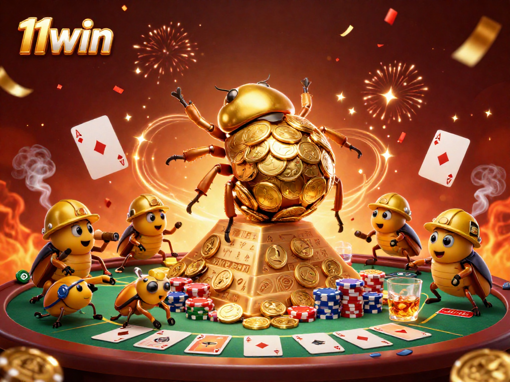 Engage with 11win's exciting golden casino adventure featuring beetles and poker excitement.