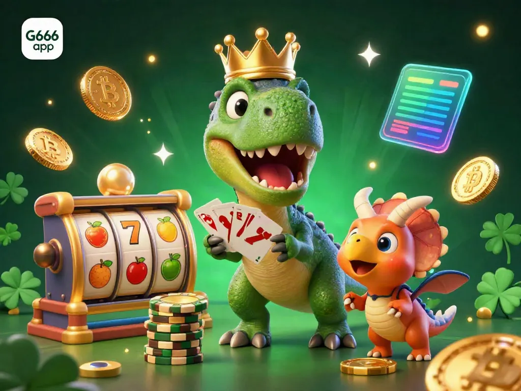 Engage with the G666 app as a T-Rex shuffles cards in a vibrant casino scene filled with gold and neon