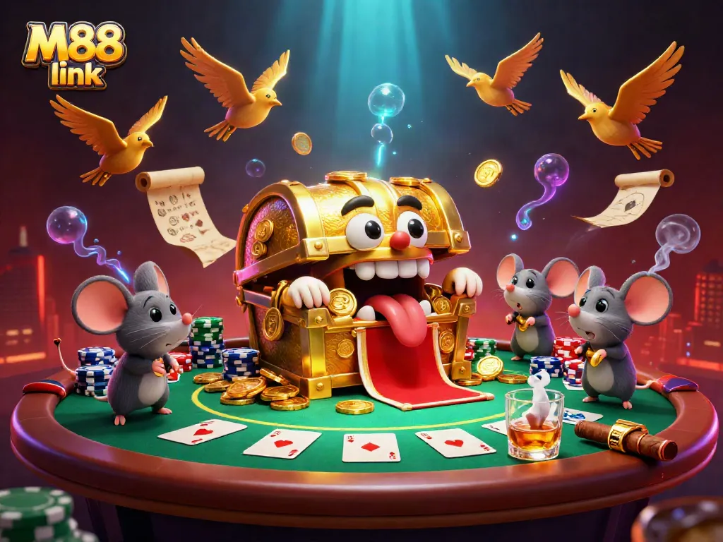 Experience thrilling wins with M88 link at the vibrant casino, featuring a treasure chest and poker elements.