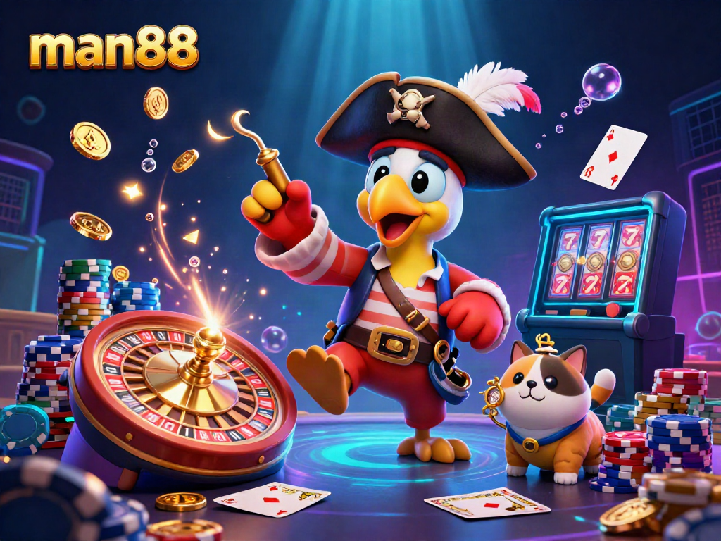 Experience thrilling adventures as man88's pirate captain parrot guides you through a vibrant casino landscape filled with gold coins and winning cards.