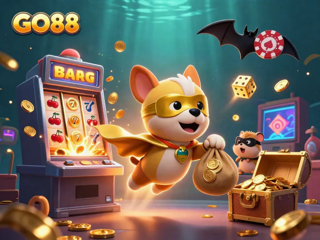 GO88 superhero dog and sidekick hamster celebrate casino wins in a rich, colorful 3D illustration.