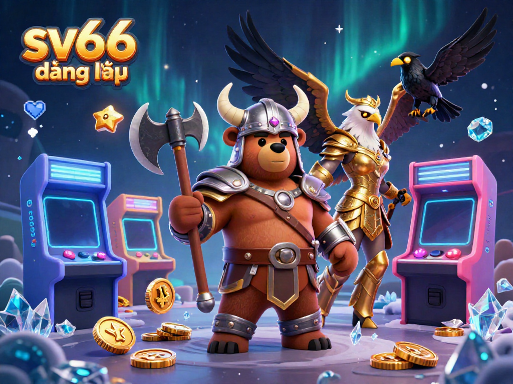 Experience sv66 đăng nhập with a 3D Viking bear and Valkyrie eagle in a casino gaming adventure.